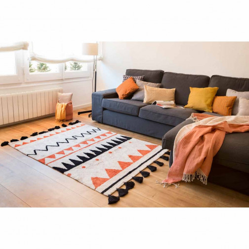 Tapis coton lavable Motifs Aztèque beige orange noir et gris Lorena Canals