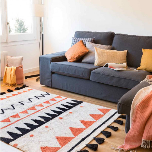 Tapis coton lavable Motifs Aztèque beige orange noir et gris Lorena Canals