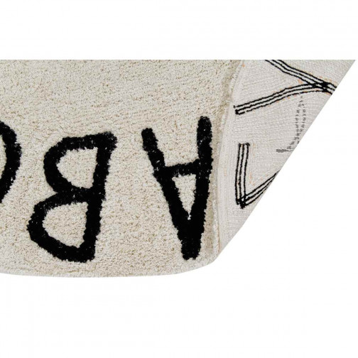 Tapis enfant coton lavable rond beige alphabet noir Lorena Canals