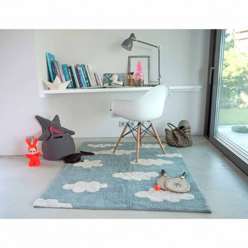 Tapis enfant coton lavable bleu vintage nuages blanc Lorena Canals