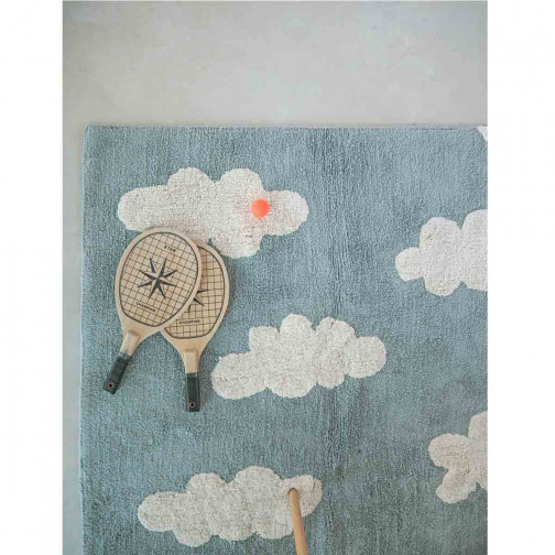 Tapis enfant coton lavable bleu vintage nuages blanc Lorena Canals