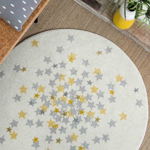 Tapis enfant rond acrylique blanc étoiles jaune grise diamètre 120cm