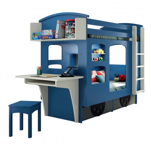 Lit superposé cabane enfant Wagon bleu