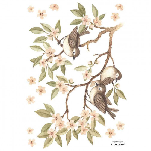 Sticker enfant branche fleuries et moineaux Lilipinso