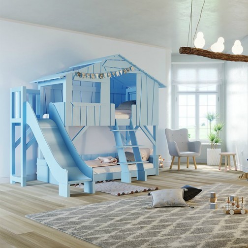 Chambre-avec-Lit-cabane-superpose-toboggan-bleu