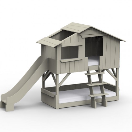 Lit-cabane-superposé-gris-mousse-avec-toboggan