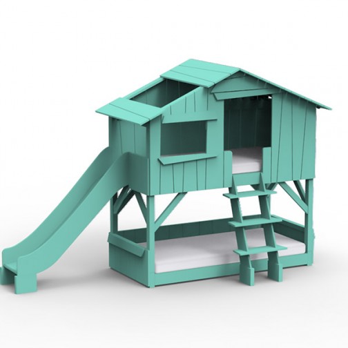 Lit-cabane-superposé-vert-leger-avec-toboggan