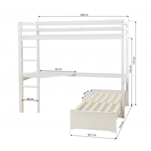 Lit 90x200 mezza superposé bureau, blanc