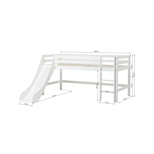 Lit mezzanine  90x200cm avec toboggan, blanc