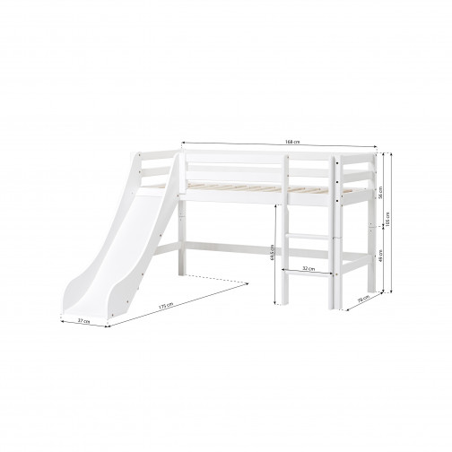Lit mezzanine  70x160cm avec toboggan, blanc