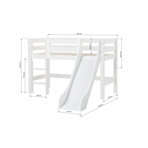 Lit mezzanine 70x160cm avec toboggan, blanc