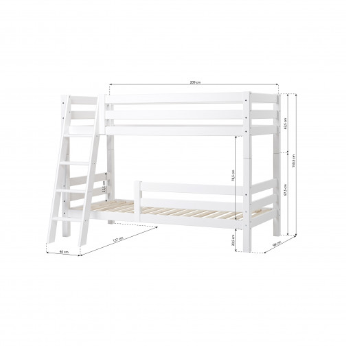 Lit superposé premium 90x200 cm avec deux rails de sécurité et échelle inclinée, blanc