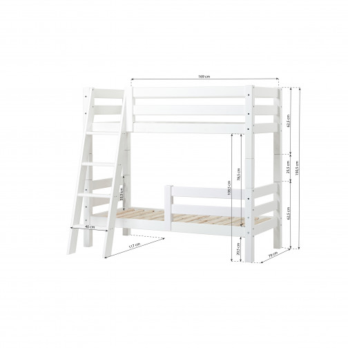 Lit superposé Premium 70x160 cm avec deux rails de sécurité et échelle inclinée, blanc