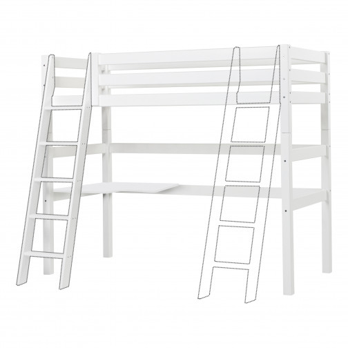 Lit Mezza superposé 90x200cm avec échelle inclinée, modules de salon et bureau, blanc