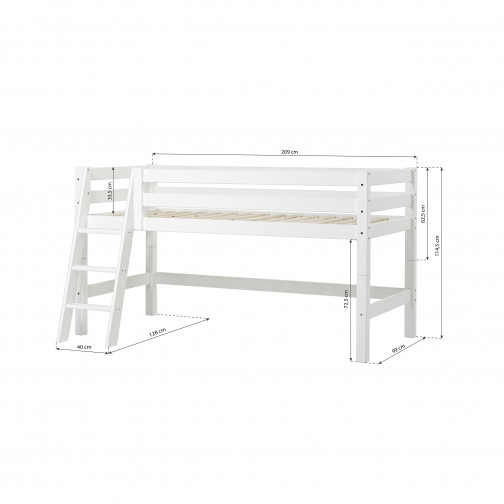 Lit haut de gamme Premium 90x200cm avec échelle inclinée, blanc