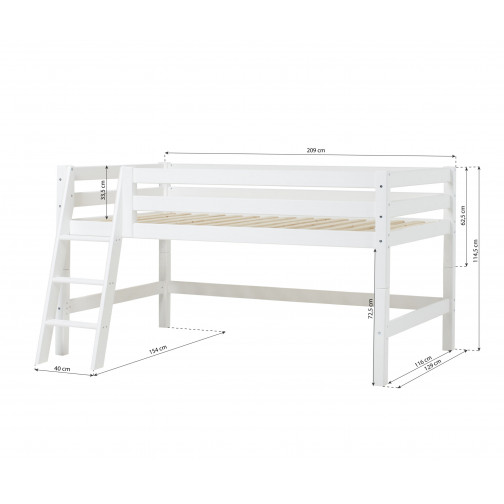 lit mezzanine haut avec échelle inclinée 120 x 200 - blanc