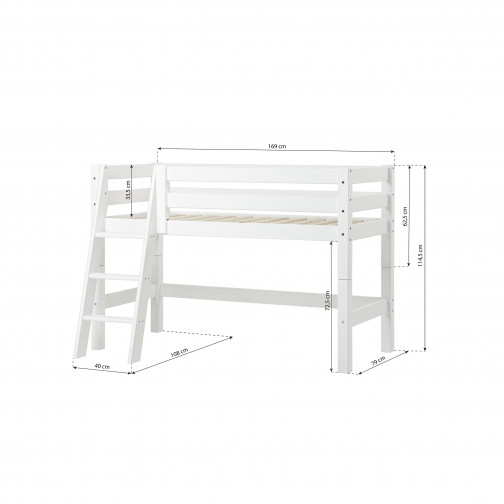 Lit de qualité supérieure 70x160cm avec échelle inclinée, blanc