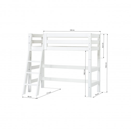 Lit haut haut haut de gamme 70x160 cm avec échelle inclinée, blanc