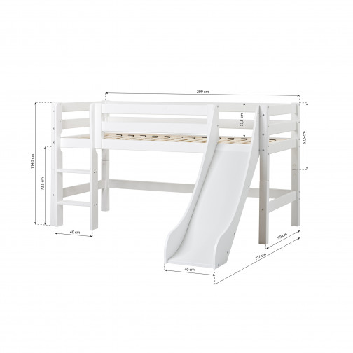 Lit mezzanine 90x200cm avec toboggan, blanc