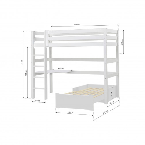 Mega lit Premium 90x200cm avec salon-modulee et bureau, cadre de lattes flexible, blanc