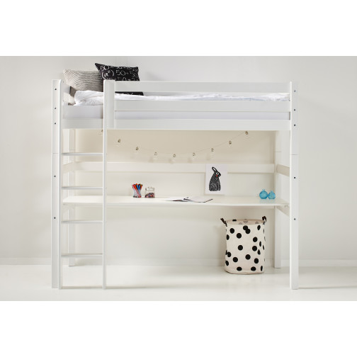 PREMIUM HIGH Sleeper 90x200cm avec bureau, cadre de lattes flexible, blanc