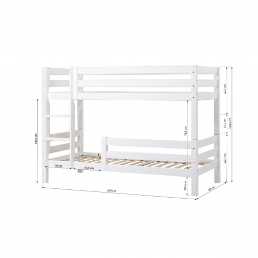 Lit superposé Premium 90x200 cm avec deux rails de sécurité, cadre de lattes flexibles, blanc