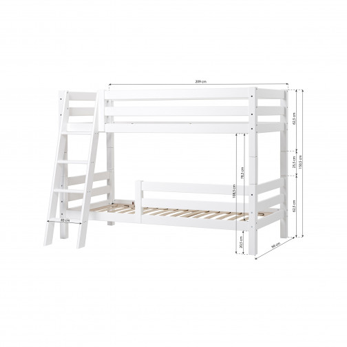 Lit superposé Premium 90x200 cm avec deux rails de sécurité et échelle inclinée, cadre de lattes flexibles, blanc