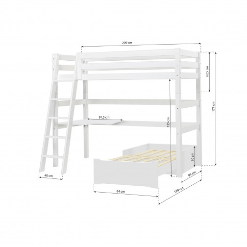 Lit Mega Premium 90x200cm avec échelle inclinée, Lounge-Modulee et bureau, Cadre Slat flexible, Blanc