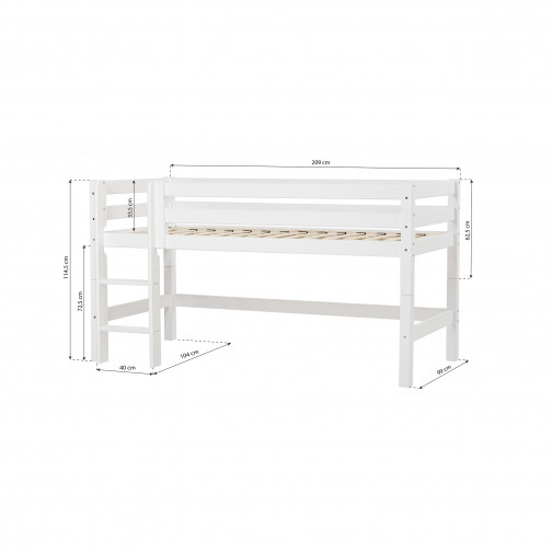 lit mezzanine Premium High 90x200cm, cadre de lattes flexible, blanc