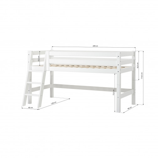 Lit haut de gamme Premium 90x200cm avec échelle inclinée, cadre de lattes flexible, blanc