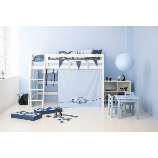 Lit haut haut élevé 90x200 cm avec cadre de lattes flexible et échelle inclinée, blanc