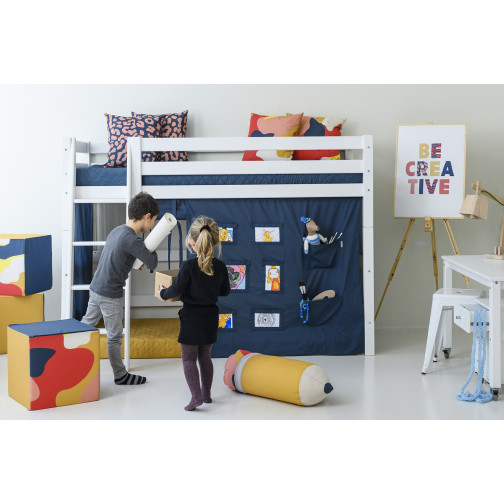 Lit haut haut élevé 90x200 cm avec cadre de lattes flexible et échelle inclinée, blanc