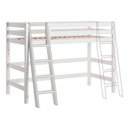 Lit haut haut élevé 90x200 cm avec cadre de lattes flexible et échelle inclinée, blanc