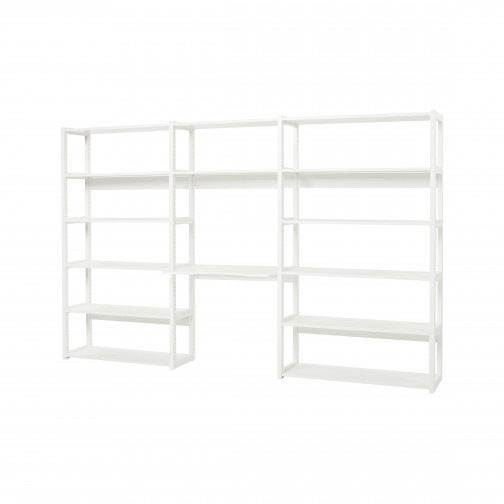 Étage bibliothèque avec 3 sections, 14 étagères et bureau 80 cm de large, blanc