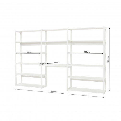 Étage bibliothèque avec 3 sections, 14 étagères et bureau 80 cm de large, blanc