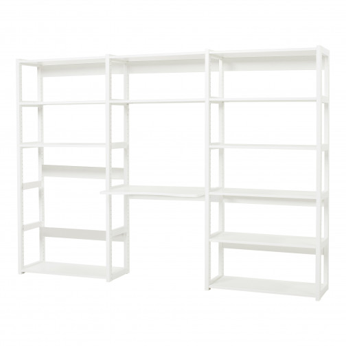 Étage bibliothèque avec 3 sections, 12 étagères et bureau 80 cm de large, blanc