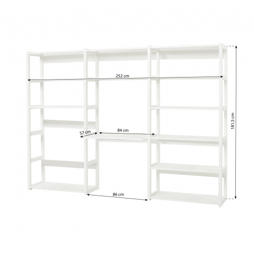 Étage bibliothèque avec 3 sections, 12 étagères et bureau 80 cm de large, blanc