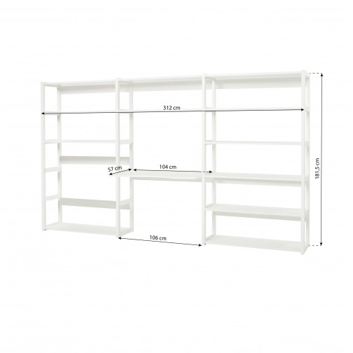 Baguide de rangement avec 3 sections, 12 étagères et bureau de 100 cm, blanc